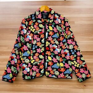 Y2K Funky Flower Fruit Printed Quilted Zip Up Boxy Grunge Picnic Festival Jacket